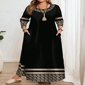 플러스 사이즈 여성 패션 에스닉 기하학 프린트 라운드 넥 긴 소매 드레스