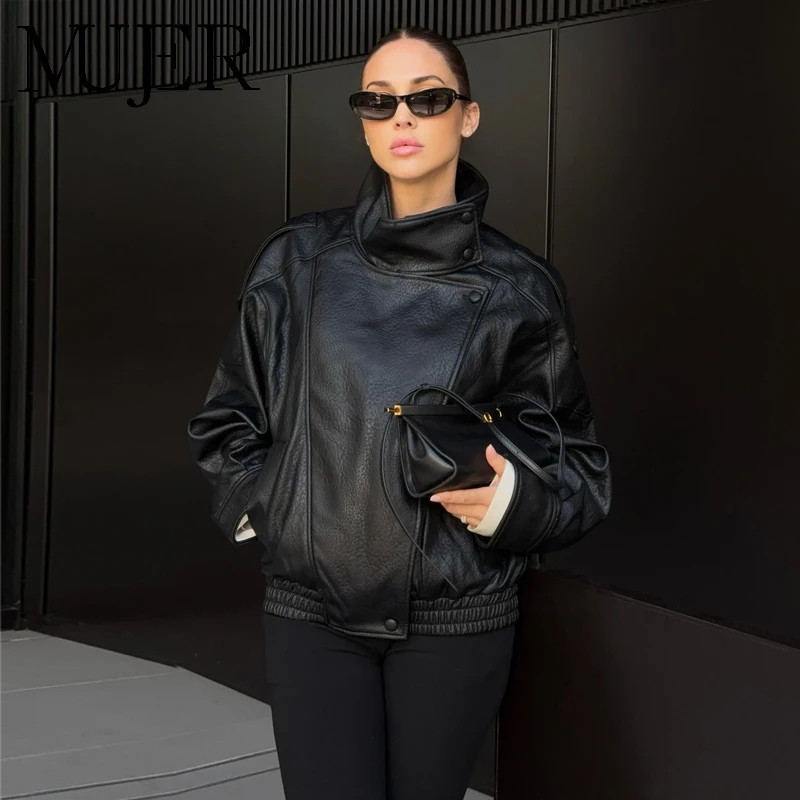MUJER 여성용 블랙 인조 가죽 재킷 아우터웨어 오피스 여성용 봄버 재킷 스냅 버튼 데미 시즌 재킷 여성용 코트