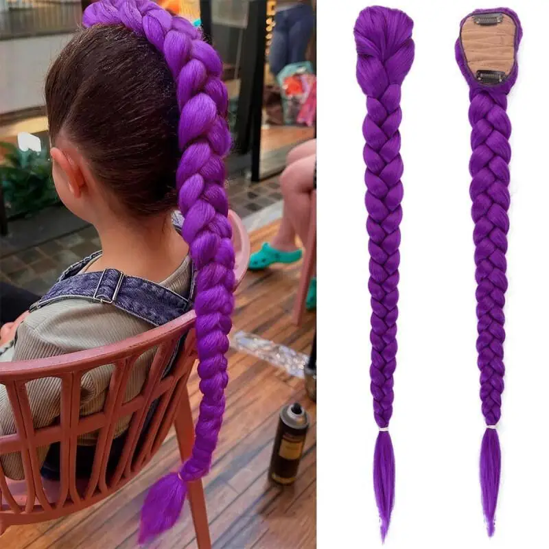 영화 보라색 26 인치 내열성 합성 가발 땋은 머리 액세서리 클립 소녀를위한 헤어 스타일 장식 여성 코스프레 소품