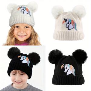 2개 세트 최신 2-10세 어린이 겨울 유니콘 스카프 비니 모자 폼폼 탄력 니트 벨벳 스카프 모자 세트