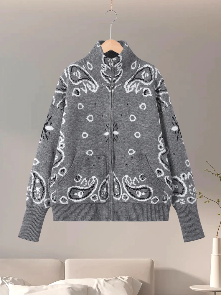빈티지 니트 자카드 스탠드 칼라 여성 가디건 지퍼 풀 슬리브 포켓 루즈 스웨터 신상 2026 봄 여성용 소프트 니트웨어
