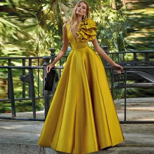 결혼식 하객 원피스 격식있는 황금 새틴 구김 프릴, 맞춤형 행사 가운, A 라인 V 넥 특별 행사 드레스