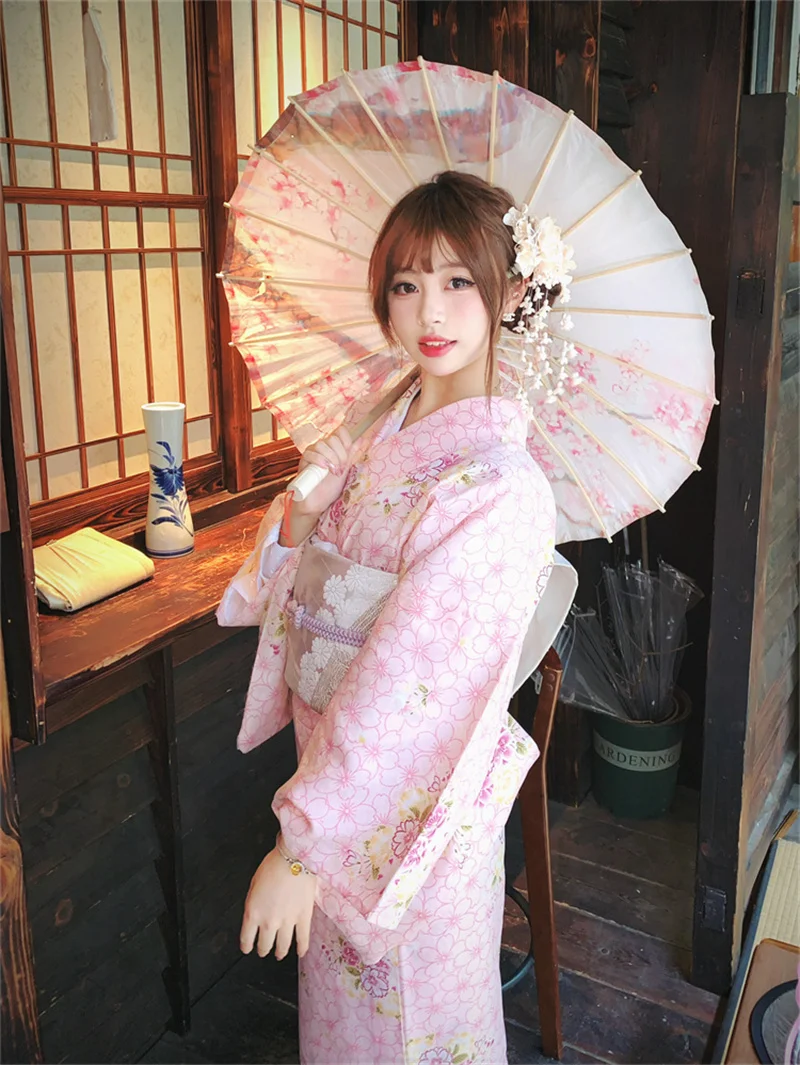 전통 일본식 기모노 스타일 핑크색 목욕 가운 사진 촬영 의상 여성 민족 의상 무대 의상 폴리에스터 원단