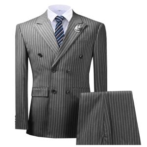 올리브 그린 스트라이프 남성 정장 더블 브레스티드 웨딩 맞춤 제작 남성 의상 신랑 2피스 턱시도 베스트맨 블레이저 바지