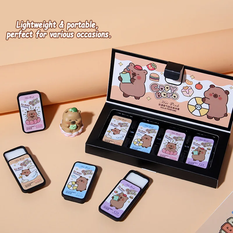 4개입 카피바라 고체 향수 세트, 귀여운 휴대용 고체 향수 밤, 오래 지속되는 자연 향 여행용 바디 향수 선물