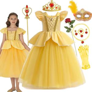 미녀와 야수 영감 파티 메쉬 원피스 여아용, 우아한 멋진 공주 코스튬 벨 디럭스 볼 가운, 아이 크리스마스 로브