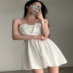 시크한 여름 나비 매듭 주름 미니 플라워 버드 스트랩 드레스 소녀 감성 하이웨이스트 한국 스타일 민소매 폴리에스터 섬유