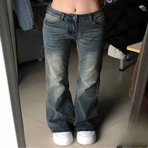 레트로 워싱 디스트레스드 마이크로 플레어 데님 진 여성용 봄 신상 큰 사이즈 빅사이즈 디자인 감각적인 엘라스틱 말굽 팬츠