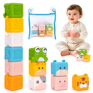 3D 큐브 동물 쌓기 장난감 아기 부드러운 실리콘 블록 장난감 유아 초기 교육 감각 몬테소리 장난감 목욕 장난감