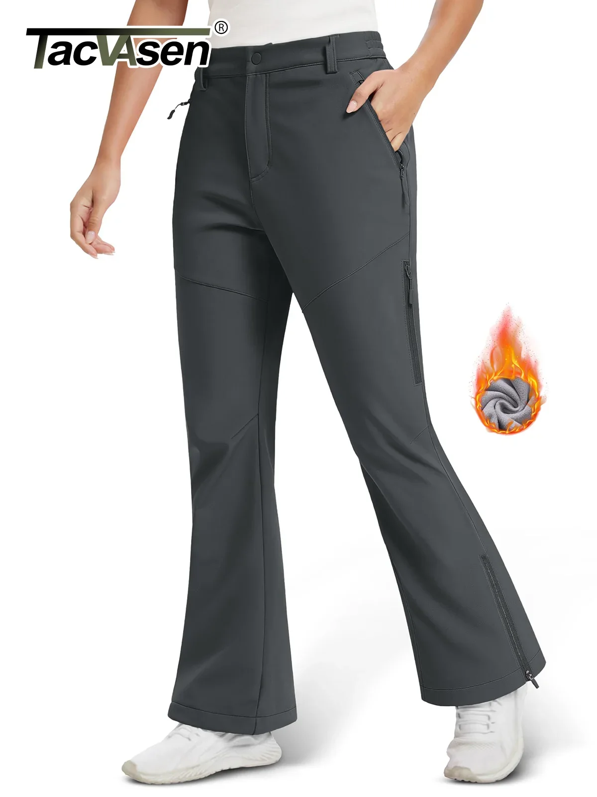 TACVASEN 여성용 양털 안감 방수 플레어 팬츠(지퍼 포켓 포함) 겨울 따뜻한 절연 하이킹 스노우 스키 팬츠 야외 소프트쉘