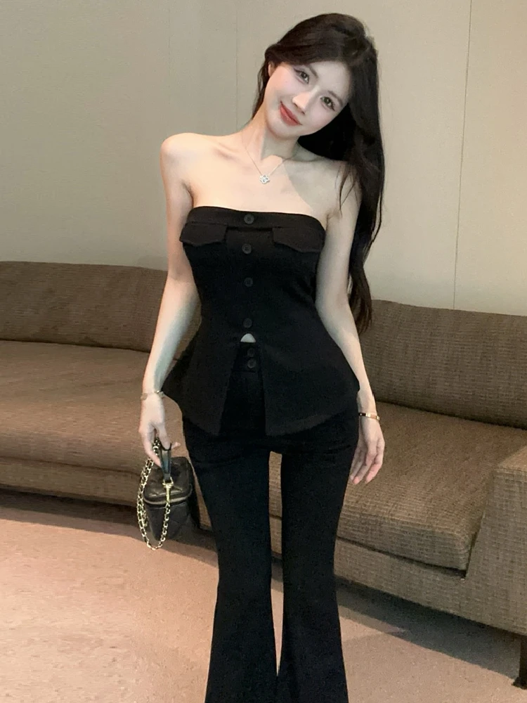 미국 스타일 캐주얼 패션 세트, 원숄더 디자인 허리라인 슬릿 베스트 와이드 레그 팬츠 투피스 여성 수트