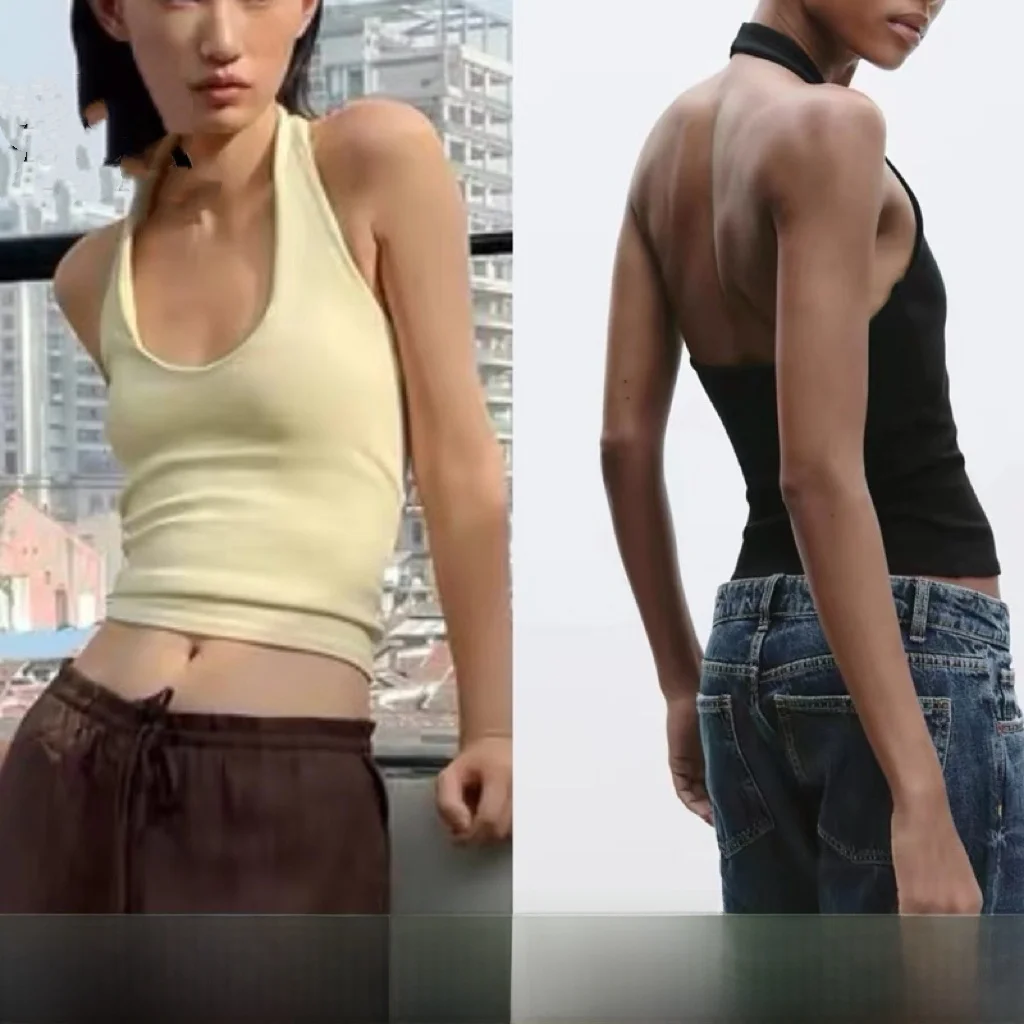2025년 여름 여성 패션 슬림핏 홀터넥 베이직 만능탑 스트릿 스타일 숏 기장 단색 기타 소재 100%