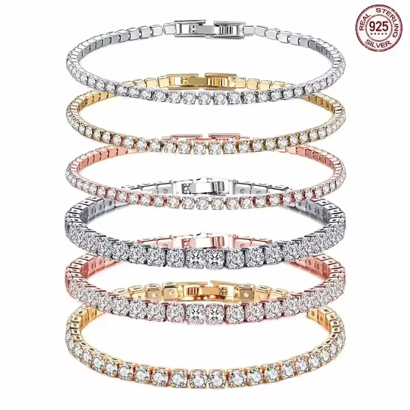 새로운 925 스털링 실버 힙합 패션 여성용 테니스 팔찌 로즈 골드 샤이닝 큐빅 지르코니아 팔찌 웨딩 주얼리 선물