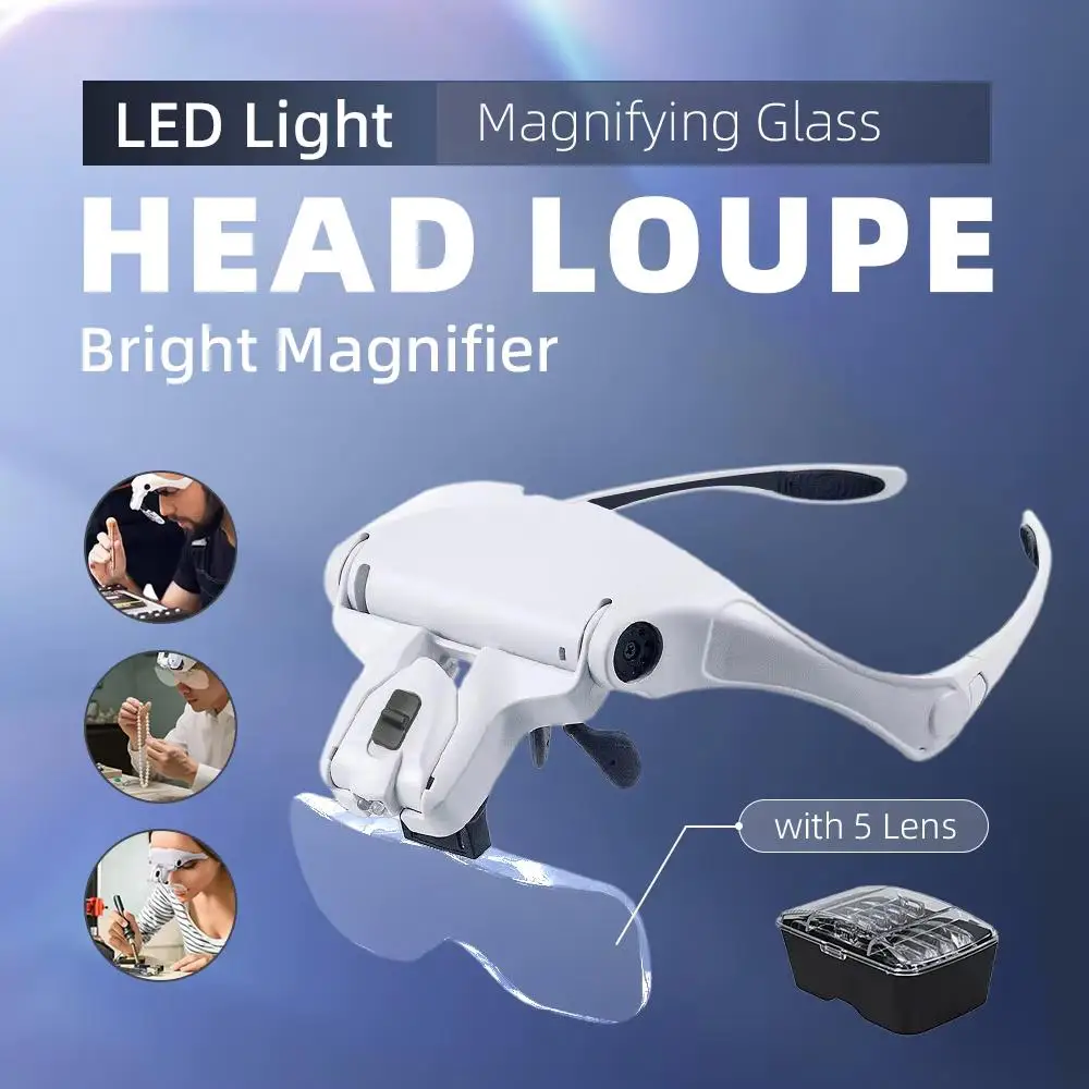 돋보기 LED 라이트 헤드 밴드 루페 5 렌즈 돋보기 1.0X-3.5X 보석상 시계 수리 독서 용 밝은 조명