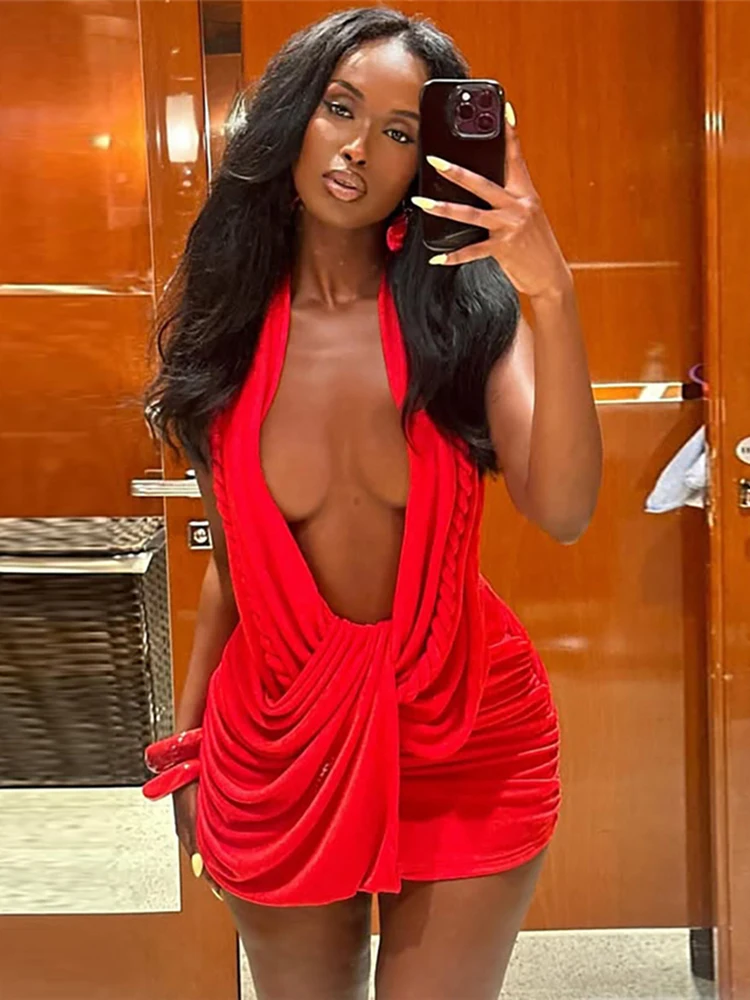 Nibber Backless 원피스 여성 트위스트 밴디지 홀터 스윙 칼라 절단 민소매 한밤중 클럽 파티 섹시한 패션 미니 바디 콘