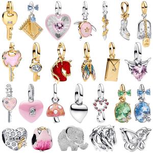 925 실버 에나멜 인레이 스틸레토 힐 골든 키 터틀 하트 모양 보우 댕글 참 펜던트 파베 3D 조각 비즈 DIY 팔찌