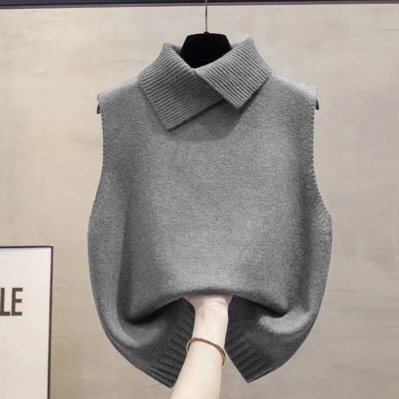 가을 겨울 한국 단색 라펠 민소매 다용도 캐주얼 니트 조끼 여성용