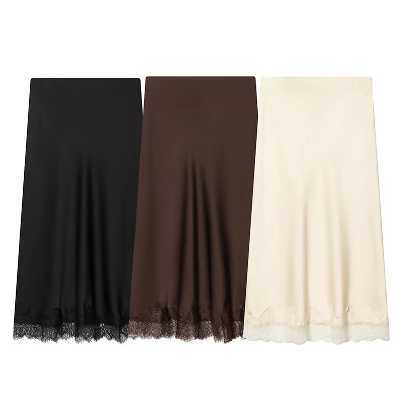 여성 스커트 패션 레이스 장식 새틴 미디 스커트 빈티지 여성 하이웨이스트 롱 스커트