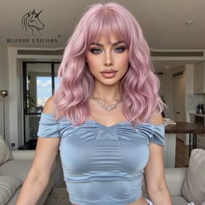 여성용 핑크색 짧은 웨이브 합성 가발, 풀뱅, 내열성, 자연스러운 스타일, 데일리 파티 및 코스프레용