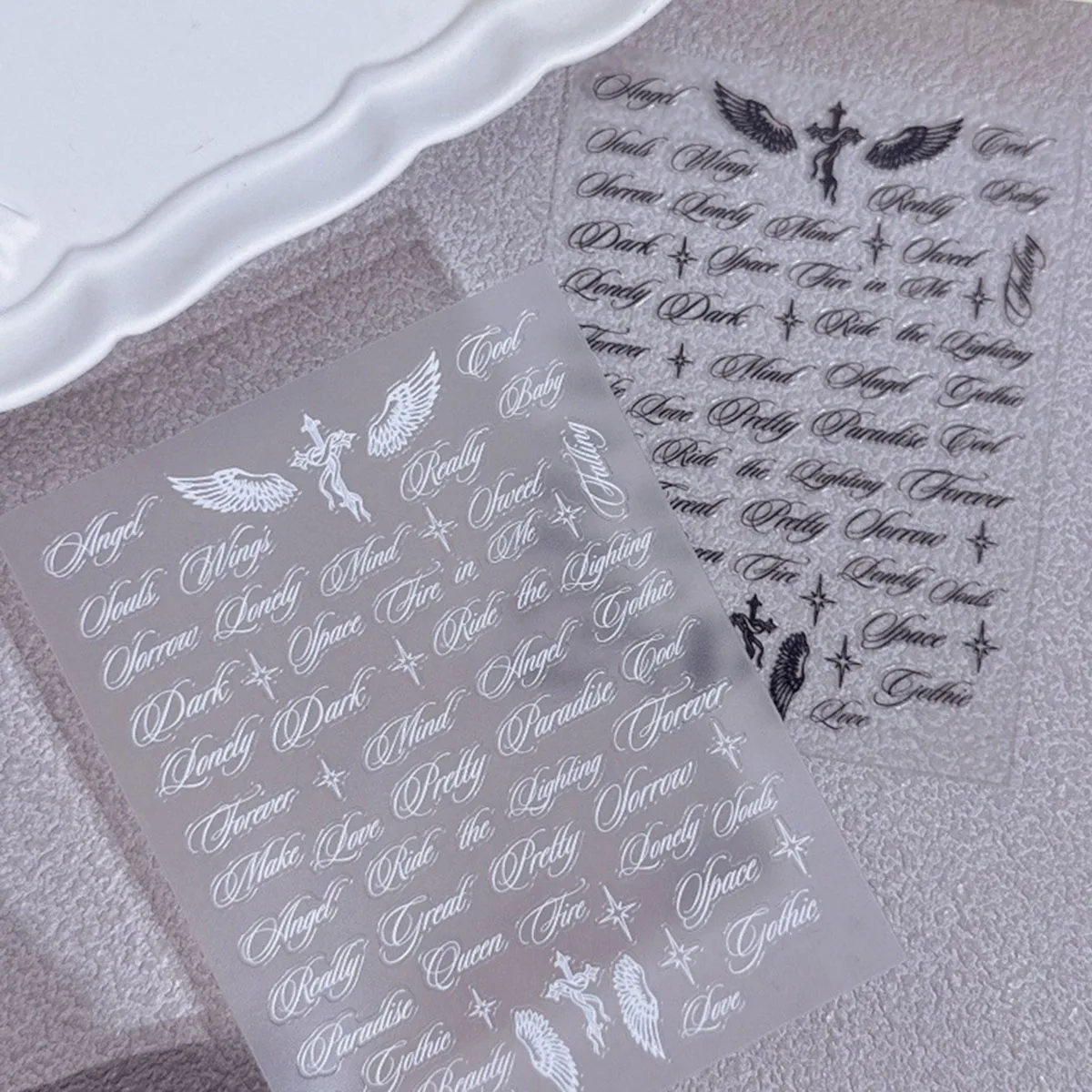 블랙 화이트 레터링 네일 스티커 천사 날개 레터 믹스 디자인 홀로그램 Y2K 네일 DIY 데코 스티커