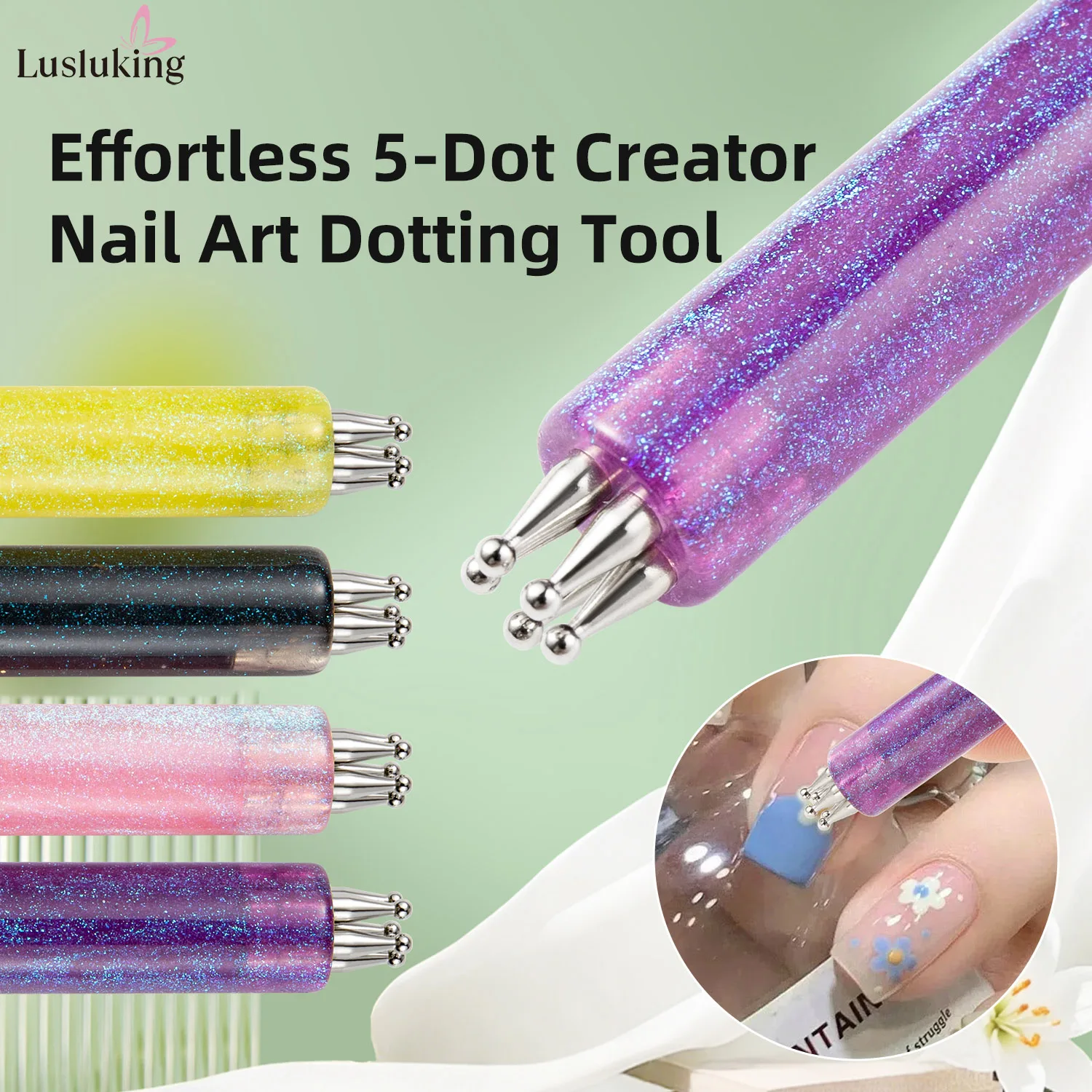DIY 네일 아트 5-페탈 도팅 툴 플라워 크리에이터 1.8mm 파인 팁 라인스톤 픽커 글리터 핸들 매니큐어 네일 도구 브러쉬
