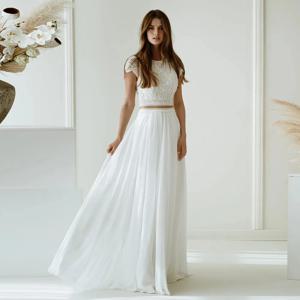 매력적인 두 조각 웨딩 드레스 특종 캡 슬리브 쉬폰 비치 신부 가운 2025 지퍼 레이스 신부 드레스 맞춤형 새로운