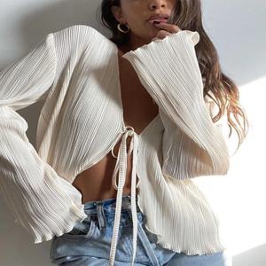 2025 여성 플리츠 플레인 셔츠 봄 가을 세련된 긴 플레어 슬리브 v 넥 타이 업 가디건 탑 캐주얼 파티 스트리트