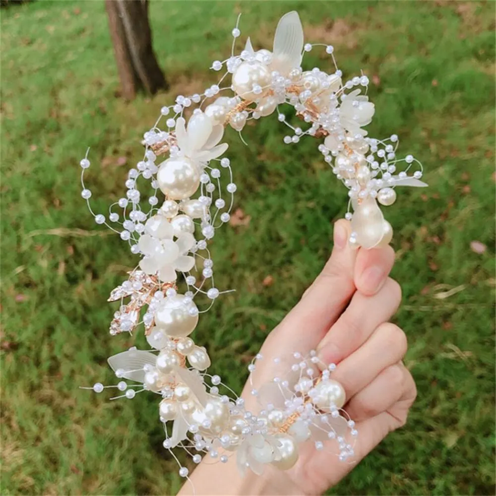 신부 머리띠 진주 꽃 머리띠 어린이 꽃 화관 슈퍼 요정 공주 헤어 액세서리 머리띠 리본