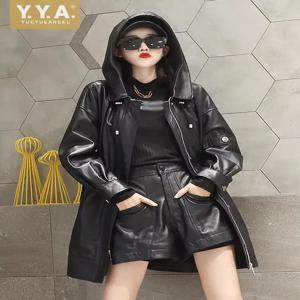 디자이너 여성 루즈핏 후드 미디 롱 재킷 하라주쿠 힙합 루즈 아웃웨어 트렌치 코트 윈드브레이커 정품 가죽 재킷