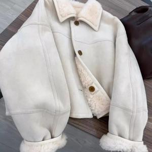 독특한 슈퍼 잘 생긴 옷깃 모피 원피스 Lambswool Jacket Outwear 여성 가을 ​​겨울 새로운 패션 느슨한 Thicke Warm Parka