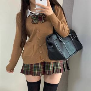 오리지널 JK 긴팔 니트 가디건 유니폼 세트 대학 스타일 가을 겨울 브라운 여성 패션 앙상블 폴로 칼라 버튼업