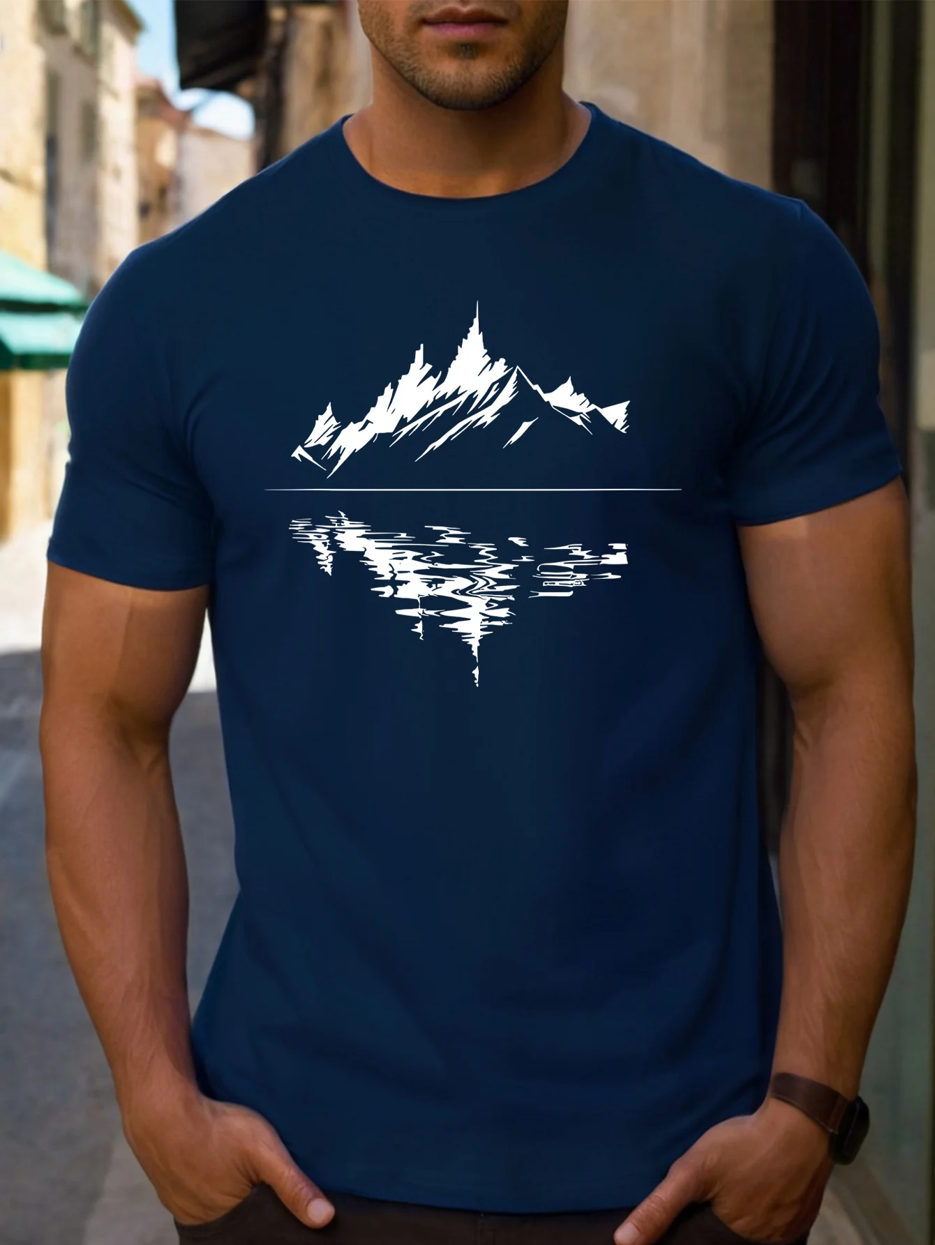 남성 여름 100 순면 패셔너블 캐주얼 루즈핏 플러스 마운틴 반사 프린트 라운드 넥 반팔 티셔츠 탑
