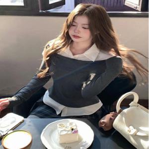 플러스 사이즈 스파이시 걸 프레피 스타일 레이어드 티셔츠 여성 패션 가을 겨울 폴로 칼라 탑 한국 스타일 스트레이트 컷 긴팔