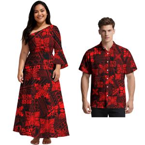 하와이 섬 커플룩 맞춤 패턴 폴리네시아 여성 우아한 비대칭 어깨 드레스 남성 알로하 셔츠 사모아 연인 의상