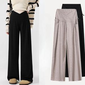부드러운 찹쌀같은 촉감의 캐주얼 임부복 와이드 레그 팬츠 로우 웨이스트 옆면 드로스트링 배지지대 임산부복