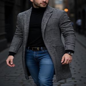 신상품 남성용 아웃도어 두꺼운 따뜻한 트렌치코트 하운드투스 가을 겨울 방풍 안감 포함 오버코트 트렌치코트