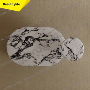 02M 프랑스 크림 마블 커피 테이블, 라운드 빈티지 럭셔리 디자이너 거실용 엔드 테이블, 모던 천연석 테이블 ​