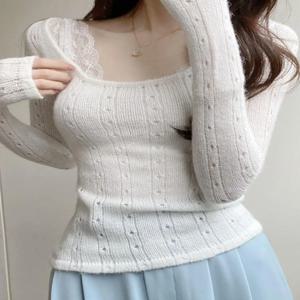 화이트 홀터넥 얇은 니트탑 여성용 봄 여름 슬리밍 베이스 셔츠 시크 긴팔 안티 의류 칼라 핀