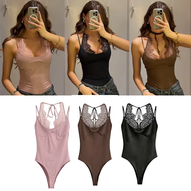 여성 바디수트 2026 신상 봄 여름 브라운 레이스 배색 바디수트 여성용 시크하고 개성있는 스파게티 스트랩 바디수트
