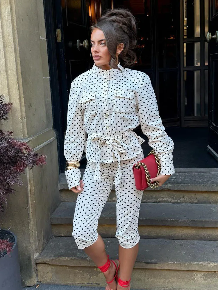 HH 여성 새로운 패션 바지 정장 폴카 도트 싱글 브레스트 포켓 벨트 장식 짧은 탑 + 하이 웨이스트 지퍼 캐주얼 롱 팬츠