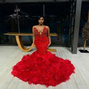 레드 스트랩리스 스팽글 롱 무도회 드레스, 블랙 걸 비즈 크리스탈, 2024 생일 럭셔리 원피스 술 프릴 이브닝 가운, 맞춤형