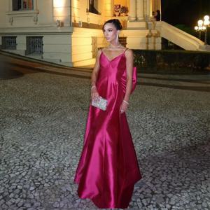 Flechazo 심플 핑크 스파게티 스트랩, 이브닝 원피스, V-넥 A-라인 새틴 바닥 길이 맞춤, 활 섹시 백리스 가운