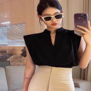 Camisas De Mujer 2025 여성 블라우스 v 넥 민소매 셔츠 기질 솔리드 컬러 크롭 탑 여름 빈티지 모든 경기 블라우스