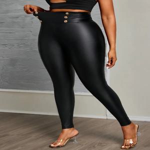 플러스 사이즈 버튼 슬리밍 하이웨이스트 PU 레더 팬츠 (여성용)