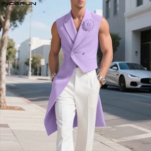 INCERUN 남성 블레이저 조끼 꽃 장식 옷깃 민소매 불규칙한 조끼 남성 streetwear 버튼 캐주얼 정장 남성 블레이저