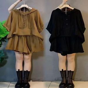 플러스 사이즈 캐주얼 스포츠웨어 세트 여성 여름 2025 신상 슬리밍 패셔너블 후드 반팔 상의 하의 투피스 세트