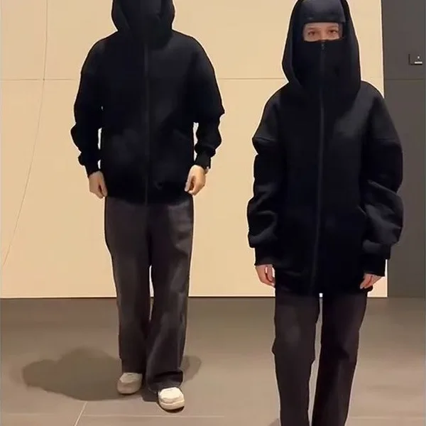 남성과 여성 발라크라바 Y2K 고딕 하라주쿠 겨울 신상품 더블 후드 티셔츠 남성용 후드 마스크 지퍼 스포츠웨어