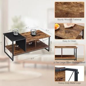 Vecelo 목재 2단, 블랙 커피 테이블 수납장, 금속 프레임 목재 테이블 상판, 거실용 모던
