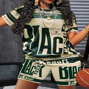 25/26 뉴 썸머 아메리칸 스트리트 트렌디 핫걸 빅 레터 셔츠 엘리먼트 티셔츠 세트 캐주얼 성인 오버사이즈 여성용 탑 반바지