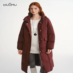 DUSHU 스탠드 칼라 혼 버튼 롱 다운 재킷 2025 화이트 덕 다운 재킷 심플 솔리드 레저 스트레이트 코트 루즈 핏